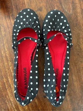 Rampage Black and White Polka Dot Mary Janes with Red Insole